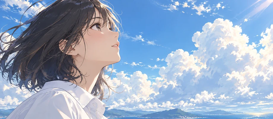 青空と雲を背景にしたオリジナルアニメーションの少女の横顔