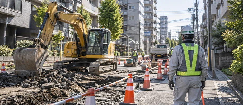 道路工事現場で働く作業員と黄色いショベルカー